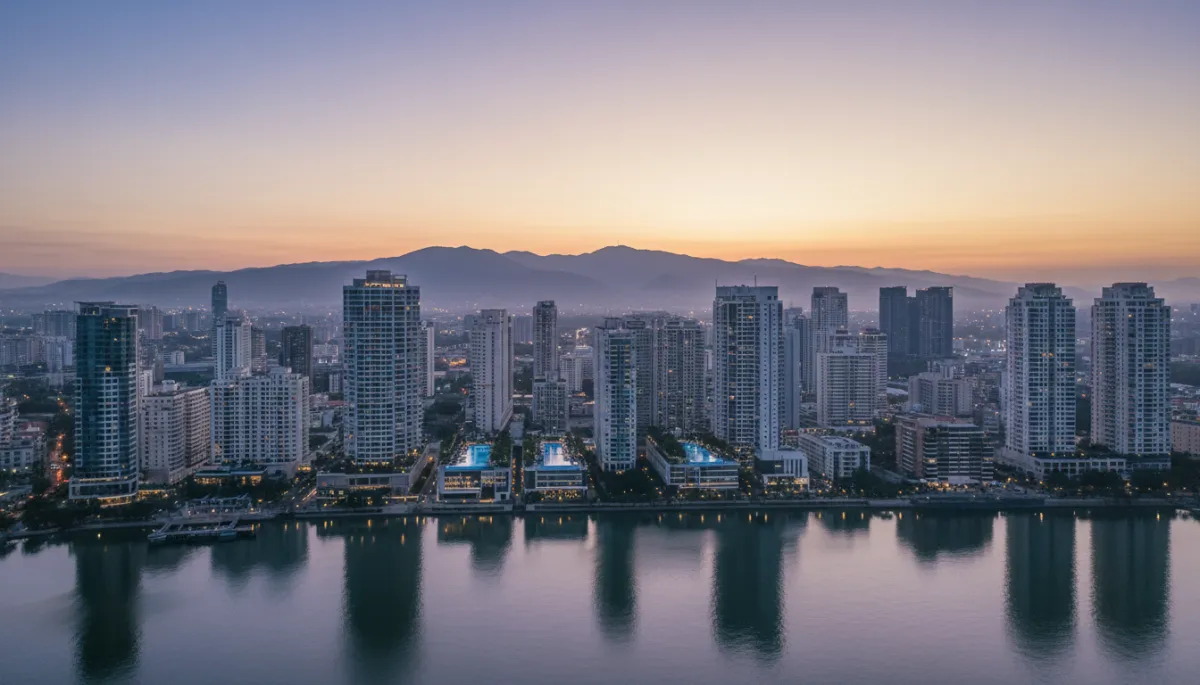 photorealistic aerial view of a modern Manila bayfront skyline at sunset, showing high-rise condo towers with pools and landscaped decks, calm sea and mountains in background, neutral color palette