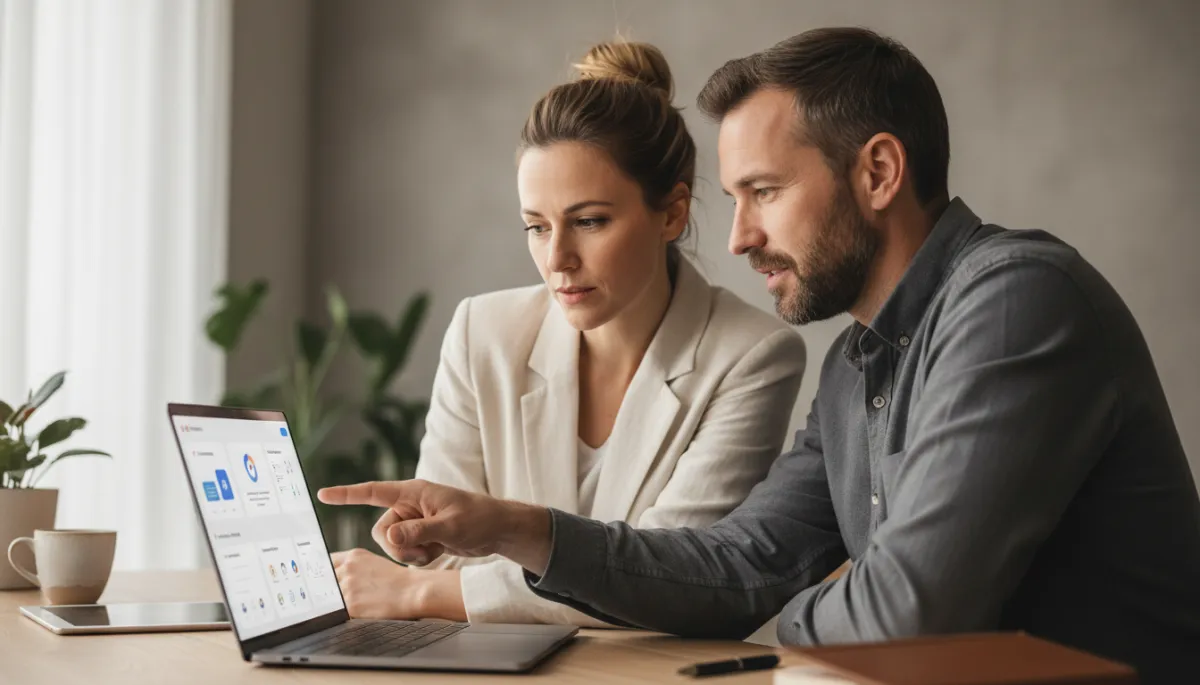 Small business owners reviewing an AI dashboard summarizing conversations, reviews, and bookings