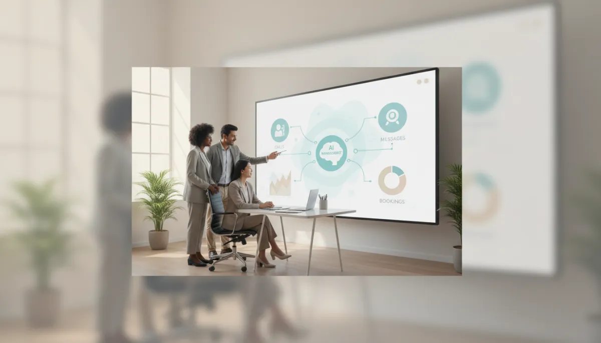 photorealistic neutral-toned modern small business office with diverse owner team reviewing analytics dashboard on a large screen showing calls, messages, and bookings managed by AI, soft natural lighting, calm professional mood
