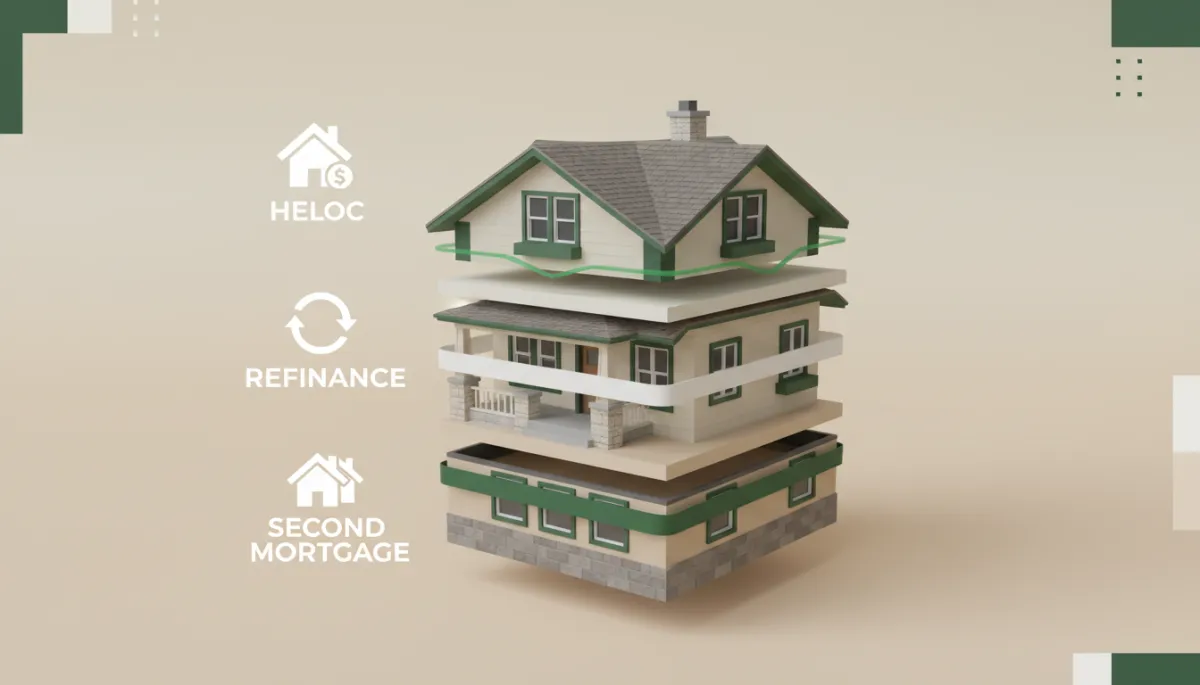 3d render digital art illustrating HELOC, refinance, and second mortgage layers on an Alberta home