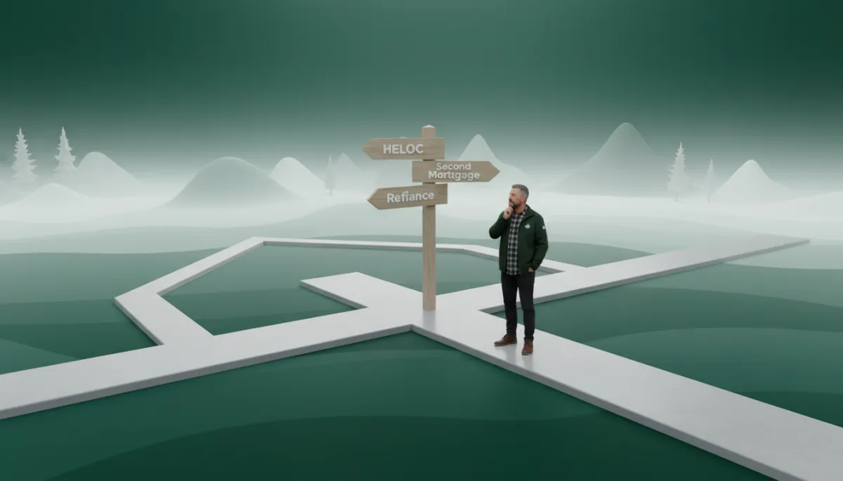 3d render digital art of an Alberta homeowner standing at a crossroads shaped like a house, three neutral-colored signposts labeled HELOC, Refinance, and Second Mortgage, soft lighting, clean modern style, brand colors dark green and white subtly integrated