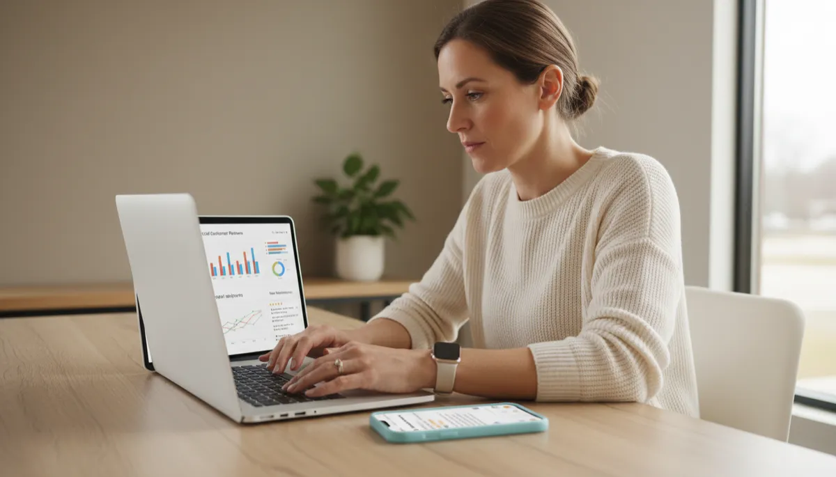 Huntersville small business owner reviewing social media and online marketing results on a laptop