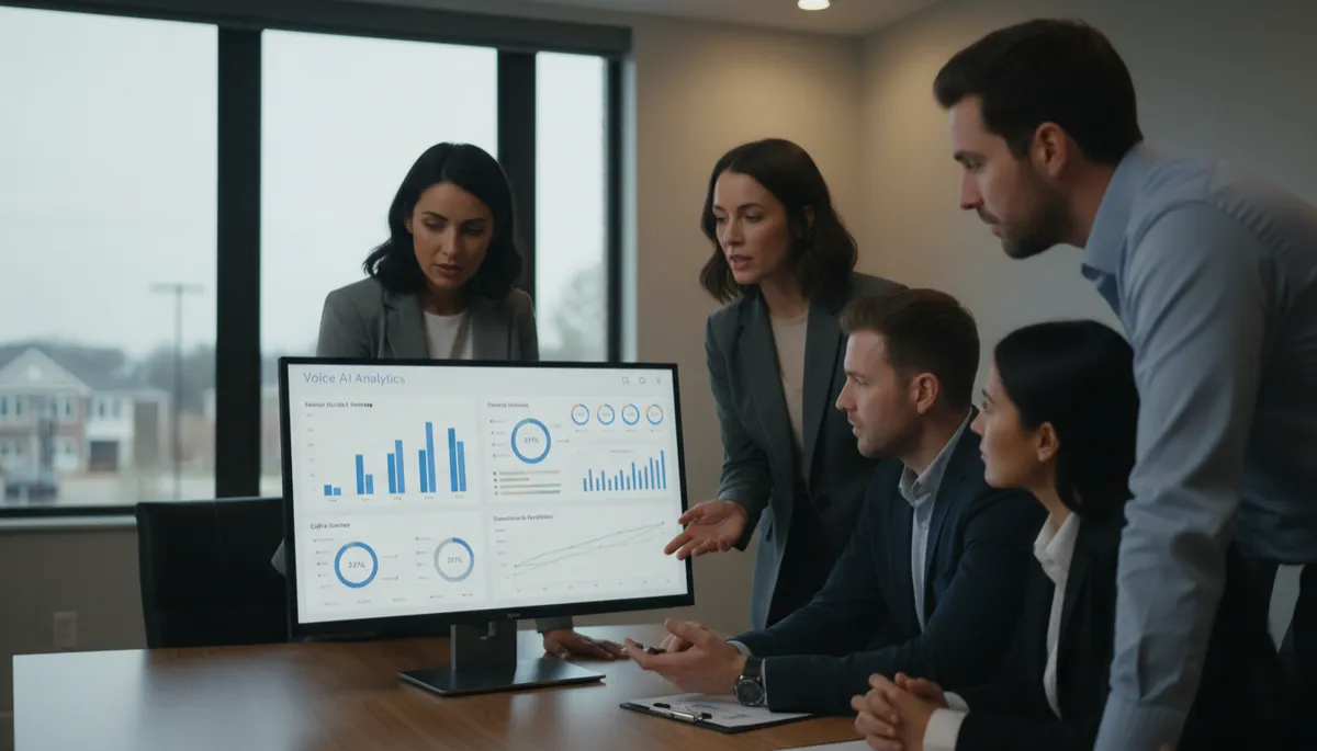 Team reviewing Voice AI call analytics dashboard in conference room