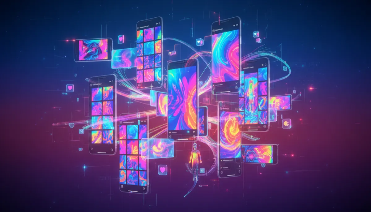 Futuristic neon digital collage of Instagram marketing content and engagement