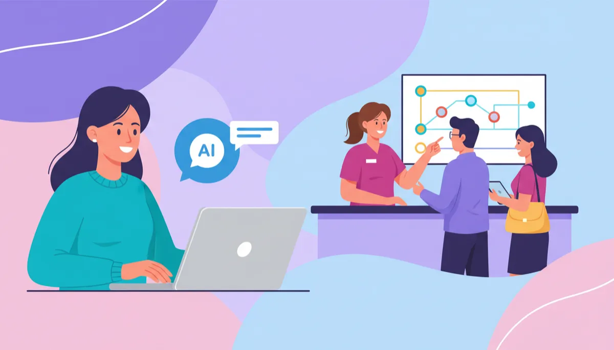 Customer using AI chatbot while staff focus on in-person service