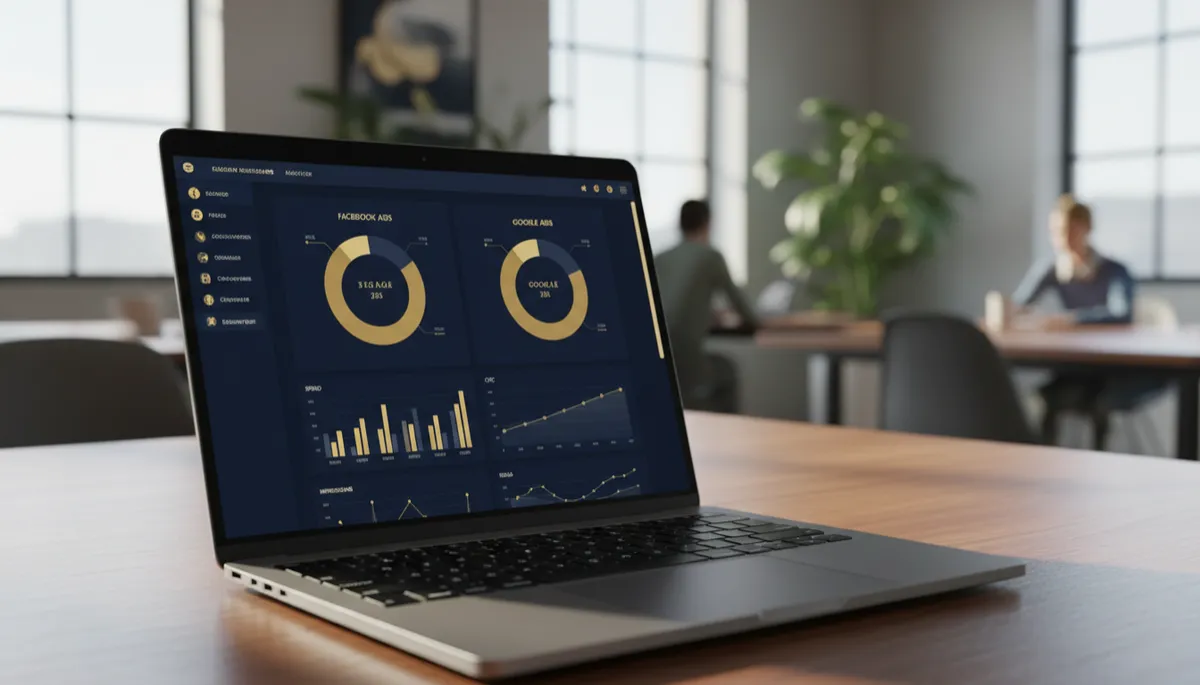 Photorealistic laptop in a Charlotte workspace showing AI-optimized Facebook and Google ad dashboards