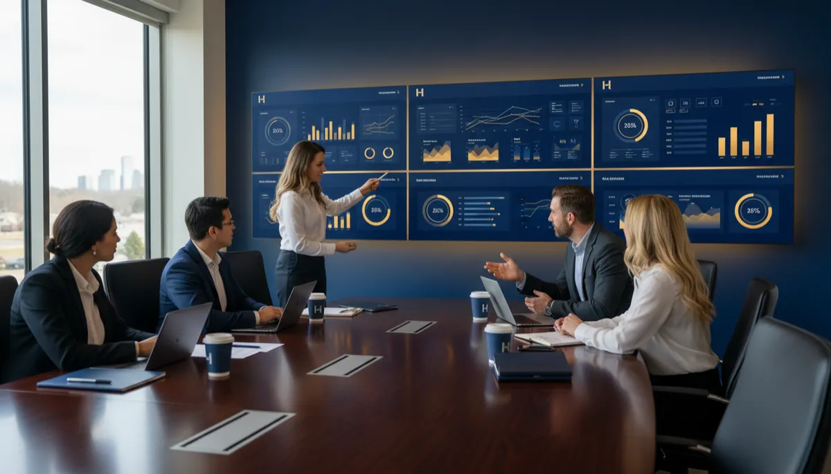 Photorealistic marketing team in Huntersville NC reviewing AI marketing dashboards on a large screen
