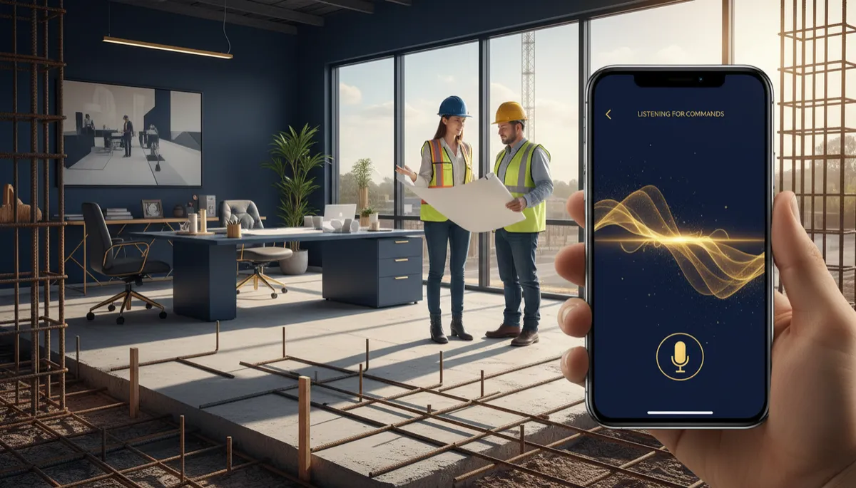 Photorealistic scene of a Huntersville business owner relying on an AI voice assistant on their smartphone