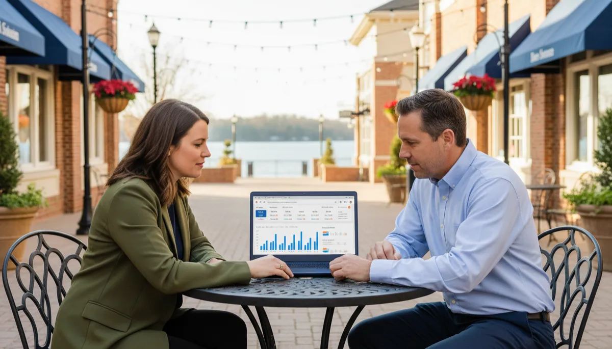 photorealistic outdoor shot of a small business owner and a marketing consultant meeting at a cafe patio in Birkdale Village, both reviewing social media analytics on a navy blue laptop screen, festive decorations and Lake Norman area architecture visible in background