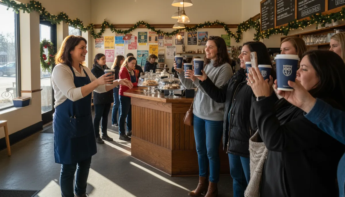 photorealistic daytime scene inside a busy Huntersville coffee shop with navy blue branded cups, diverse customers taking photos of their drinks while the owner smiles behind the counter, holiday garlands and local event flyers on the wall