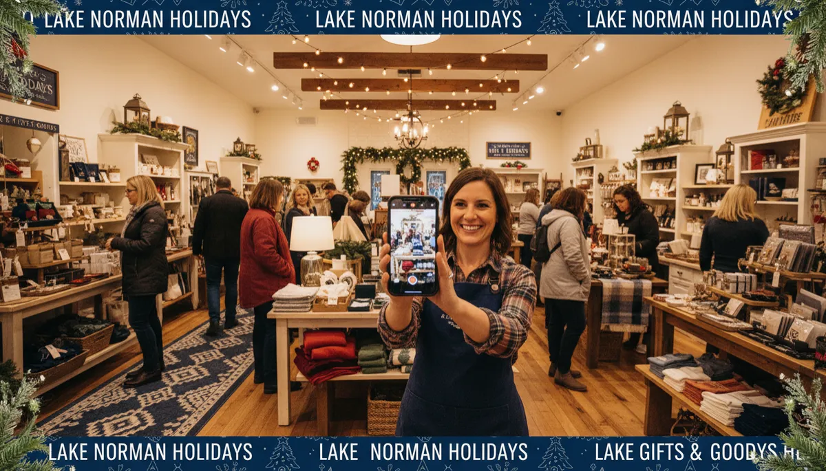 photorealistic interior of a cozy Lake Norman boutique with navy blue holiday signage, diverse customers browsing gift displays while the owner records a vertical video on a smartphone, warm lighting and subtle Christmas decor