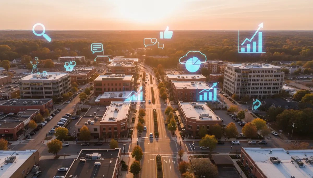 photorealistic aerial view of Huntersville NC main commercial area at golden hour, small shops and offices along a tree-lined street, subtle overlay of digital marketing icons like search, social media, and analytics charts