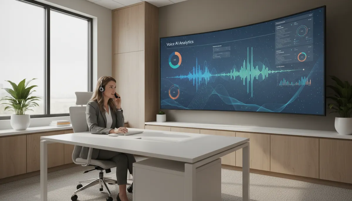 photorealistic neutral-toned modern small business office in Huntersville NC, owner speaking on phone headset while large screen shows waveform and Voice AI analytics dashboard, soft natural light, professional atmosphere