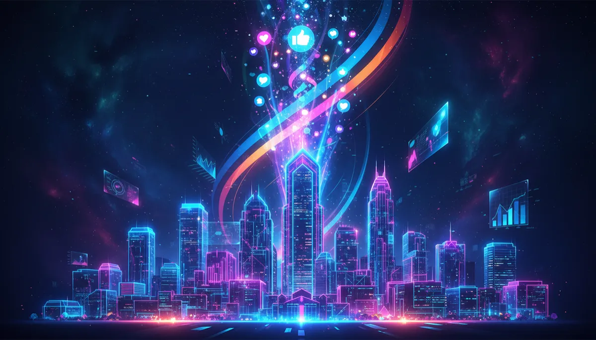 futuristic abstract tech-inspired digital illustration of Huntersville and Charlotte skyline made of glowing neon lines, social media icons and data streams flowing upward like rockets, bold gradients and holographic charts