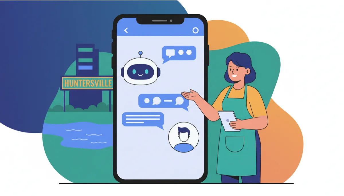 modern flat illustration of a friendly small business owner in Huntersville NC standing beside a large smartphone screen showing an AI chatbot conversation, bold colors, clean lines, minimal design, friendly characters interacting with conversational AI interface