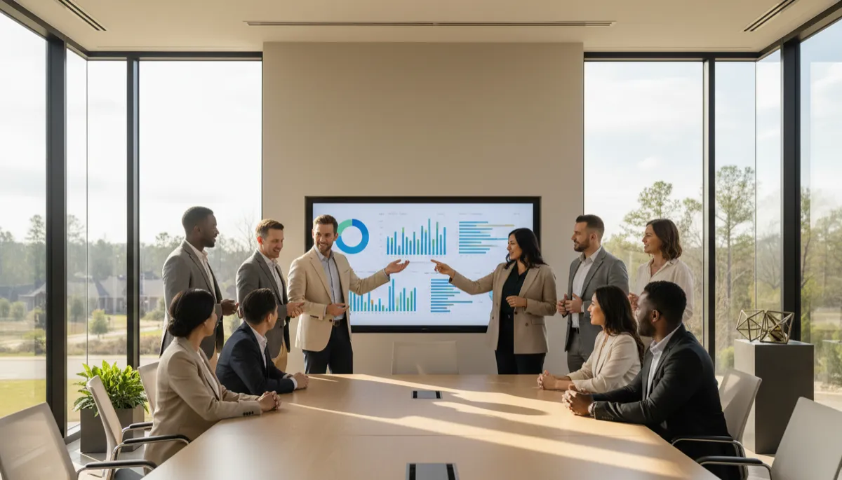 photorealistic scene of diverse business owners in a modern neutral-toned conference room in Huntersville NC, reviewing marketing analytics on a large screen, glass walls, natural light, mix of ages and ethnicities collaborating confidently