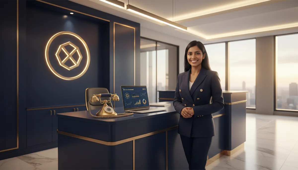 photorealistic modern small business office with a sleek navy blue and gold reception area, a ringing desk phone connected to a laptop showing an AI call dashboard, business owner smiling confidently while the system handles calls automatically