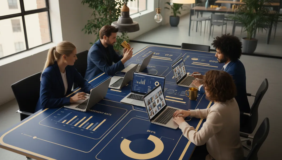 photorealistic overhead shot of a marketing team collaborating around a navy blue and gold branded social media dashboard on laptops and phones, charts and short-form videos visible on screens, modern office with warm lighting