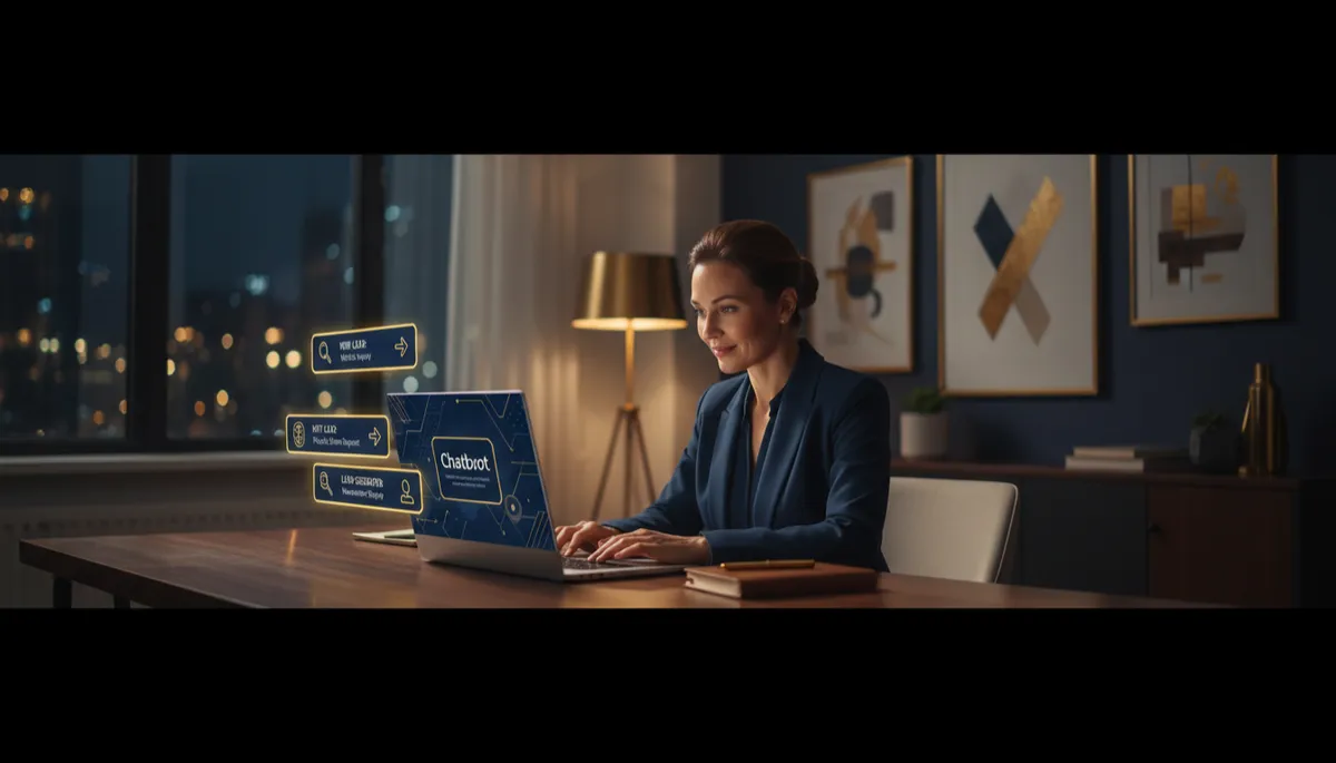 photorealistic scene of a small business owner in a modern office at night, looking at a laptop that shows a navy blue and gold chatbot dashboard with lead notifications popping up, warm lighting, professional atmosphere