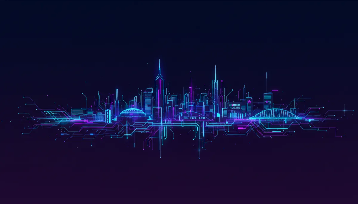 abstract tech illustration of glowing interconnected data streams forming a city skyline outline, vibrant neon blues purples and teals on a dark background, symbolizing digital connections around Huntersville and Charlotte