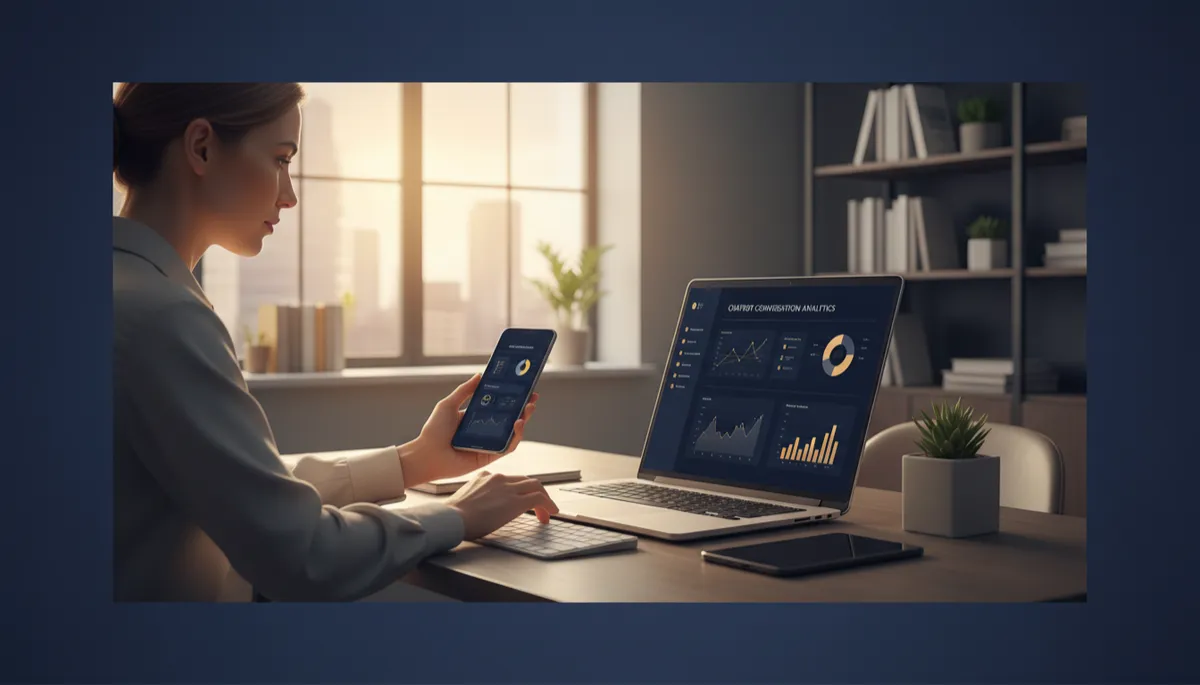 photorealistic scene of a small business owner in a modern office reviewing chatbot conversation analytics on a laptop and smartphone, dark navy blue user interface with subtle gold accents, soft lighting, professional tech-forward atmosphere