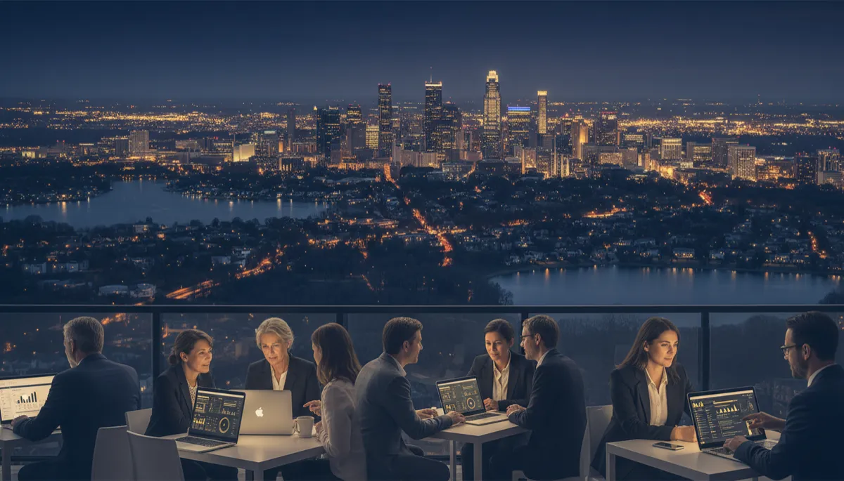 photorealistic evening aerial of Uptown Charlotte skyline flowing into Lake Norman suburbs, subtle navy blue and gold color grading, overlaid with business owners viewing marketing dashboards on laptops