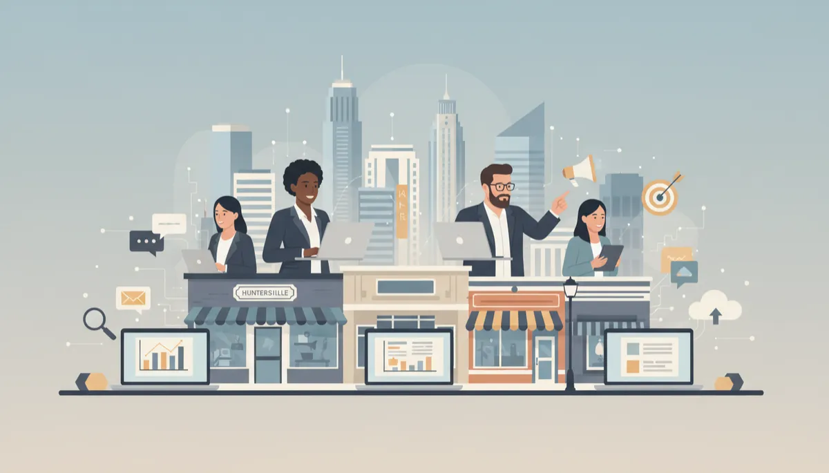 Downtown Huntersville NC main street and Charlotte skyline blended together with shopfronts, laptops, and marketing icons in a cohesive mixed style combining flat illustration, abstract tech shapes, and photorealistic diverse business owners, neutral color palette