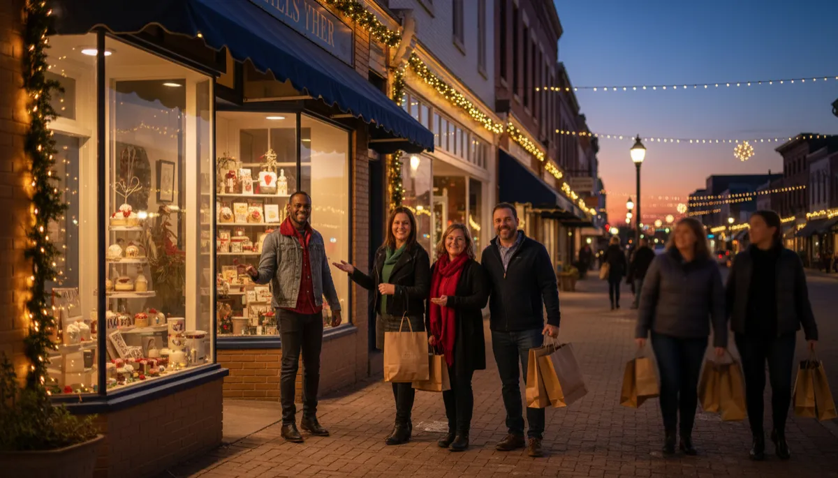 photorealistic evening street scene in historic downtown Huntersville NC with diverse small business owners standing in front of decorated storefronts, warm holiday lights reflecting off windows, subtle navy blue signage and accents, customers walking by with shopping bags, shallow depth of field