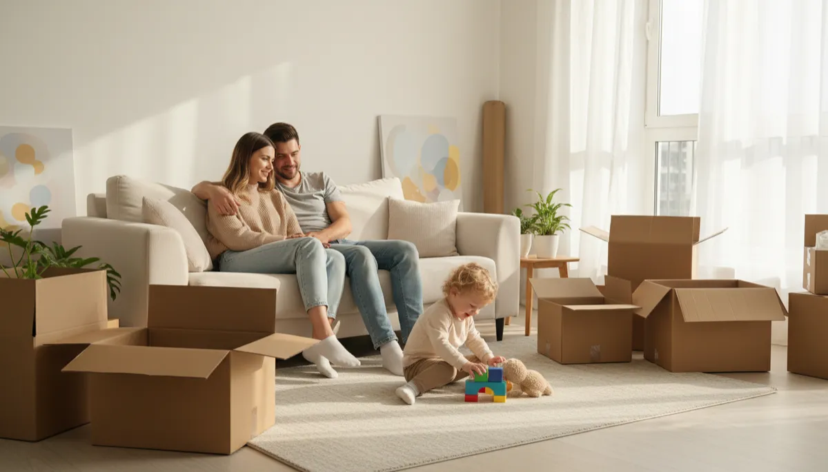 New homeowners relaxing in their cozy living room after moving in