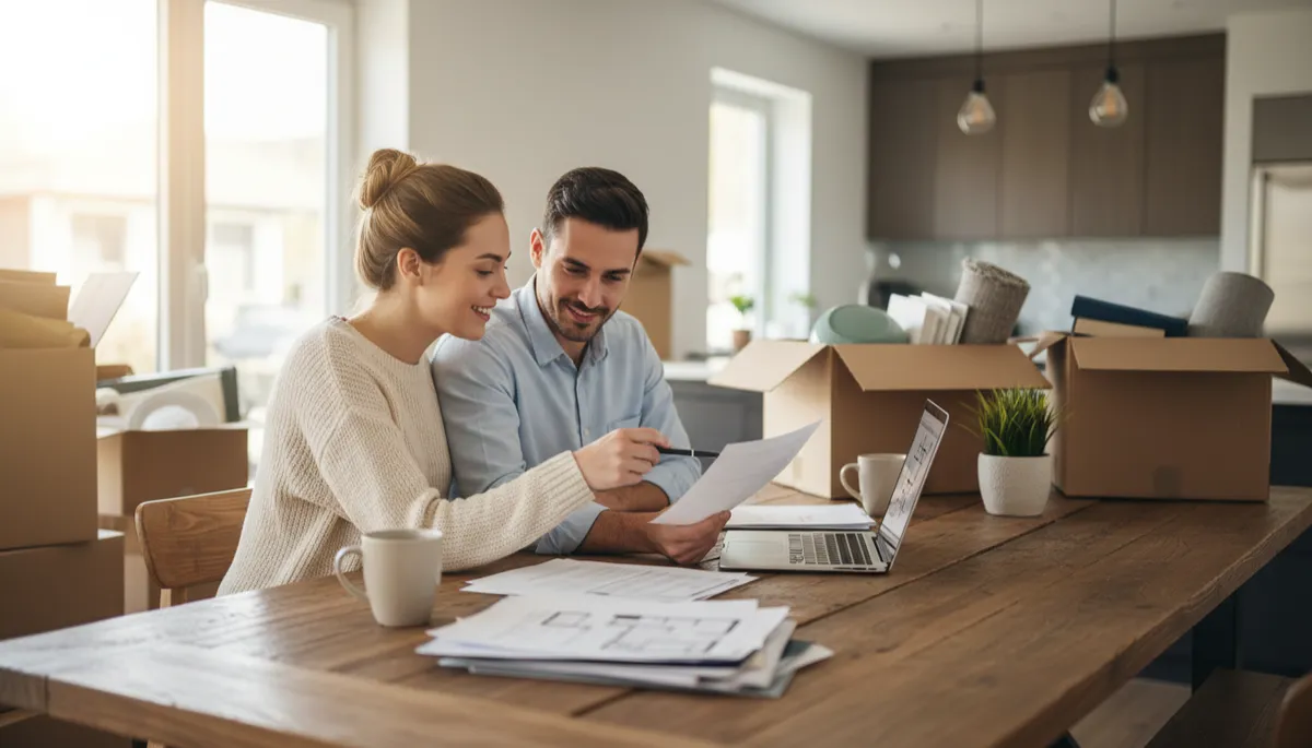 First-time buyers reviewing home purchase paperwork with their agent