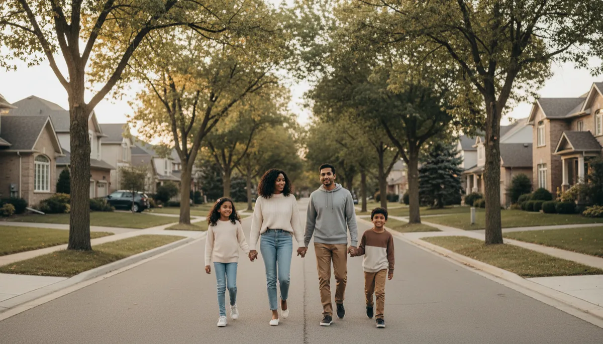 Family walking through a quiet neighbourhood street in York Region