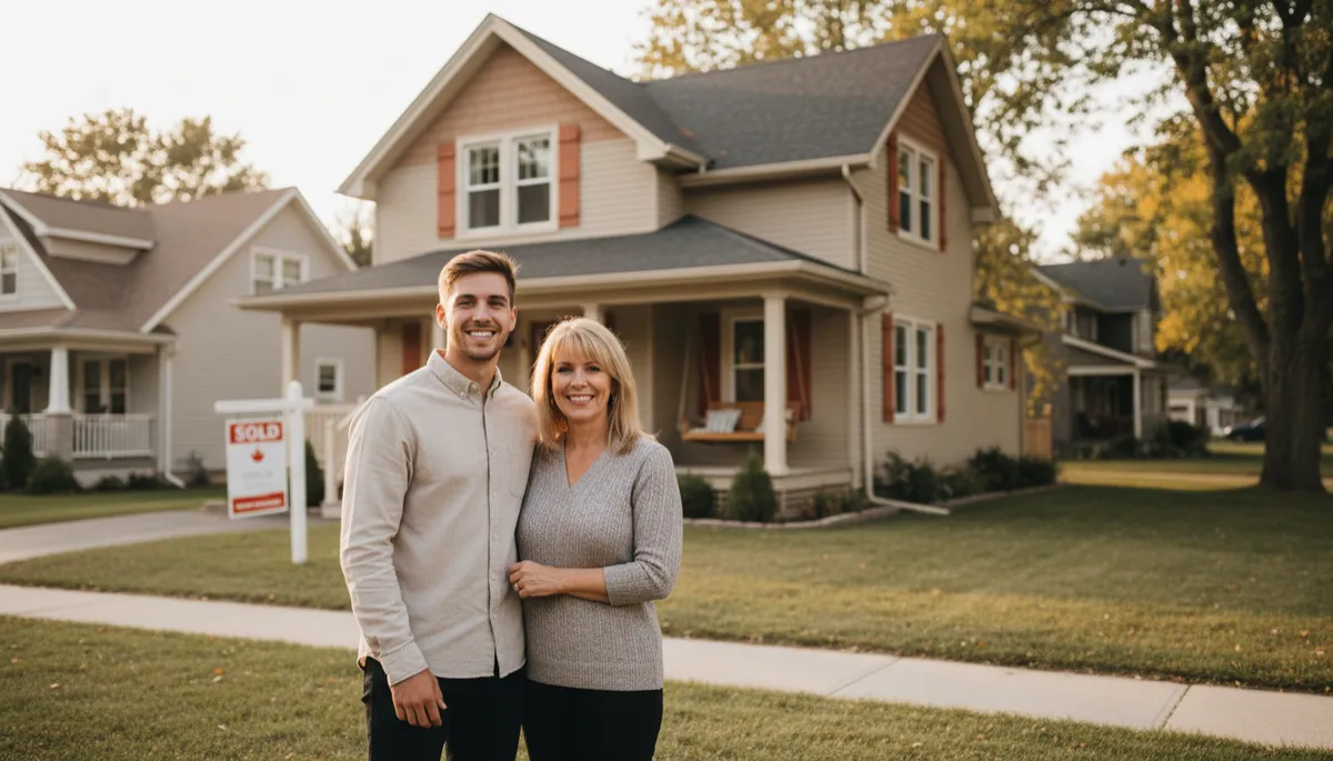 Warm lifestyle photography of a smiling young couple with a real estate agent standing in front of a cozy detached Ontario home on a quiet suburban street, neutral tones and soft natural light