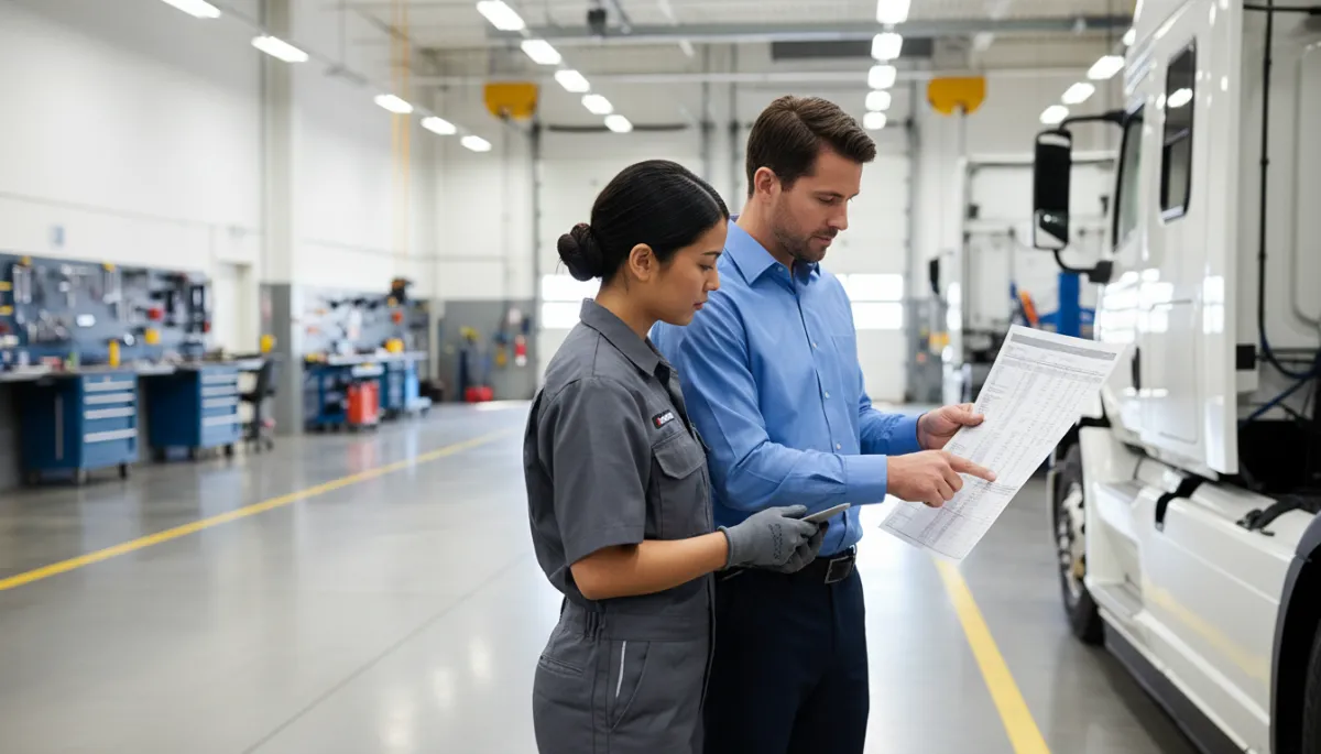 Fleet manager and mechanic reviewing truck maintenance schedule in a shop