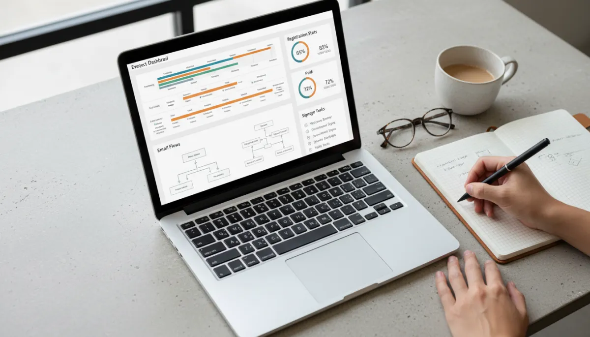 Integrated event dashboard showing connected marketing and operations tasks Integrated event dashboard showing connected marketing and operations tasks