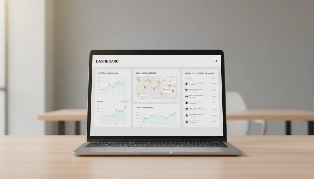 Dashboard showing local website leads, search traffic, and automated follow-up for an auto glass business Dashboard showing local website leads, search traffic, and automated follow-up for an auto glass business