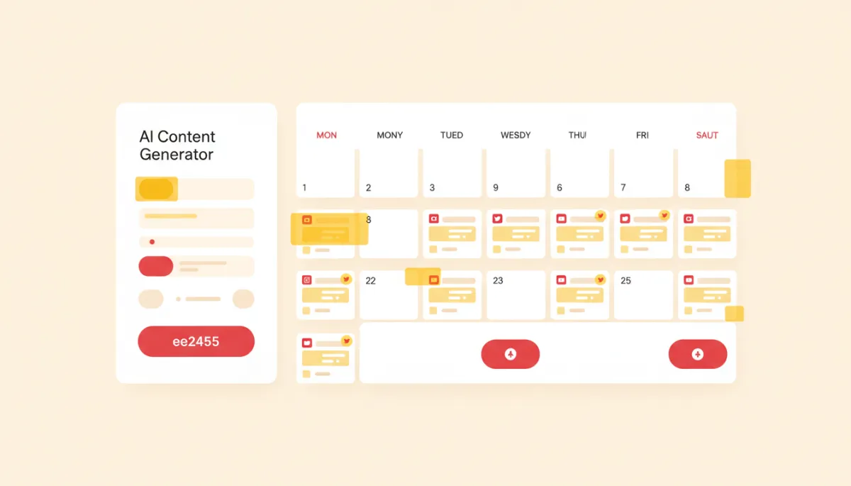 instructional flat-style interface on warm cream background showing AI social media content generator and calendar view, posts queued for the week with red #ee2a52 buttons and yellow #f1b900 highlights