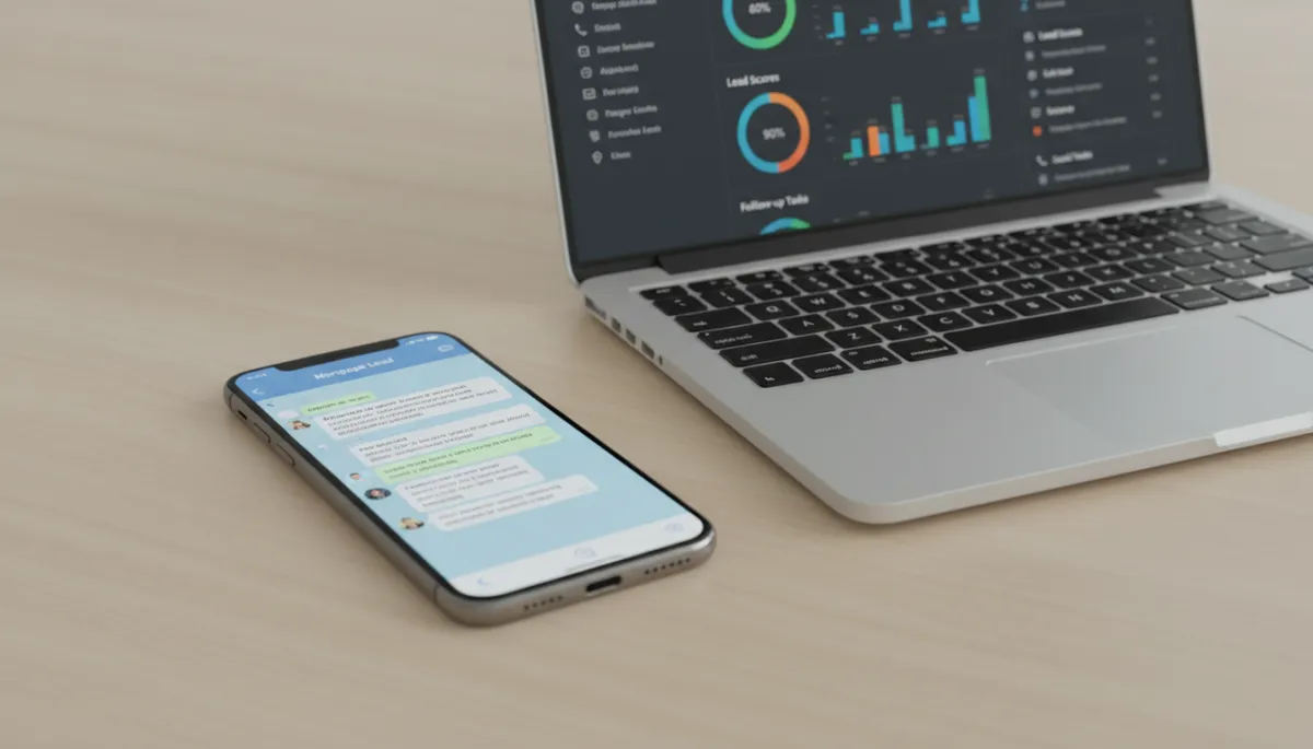 AI-powered SMS and CRM dashboard helping a mortgage officer manage leads