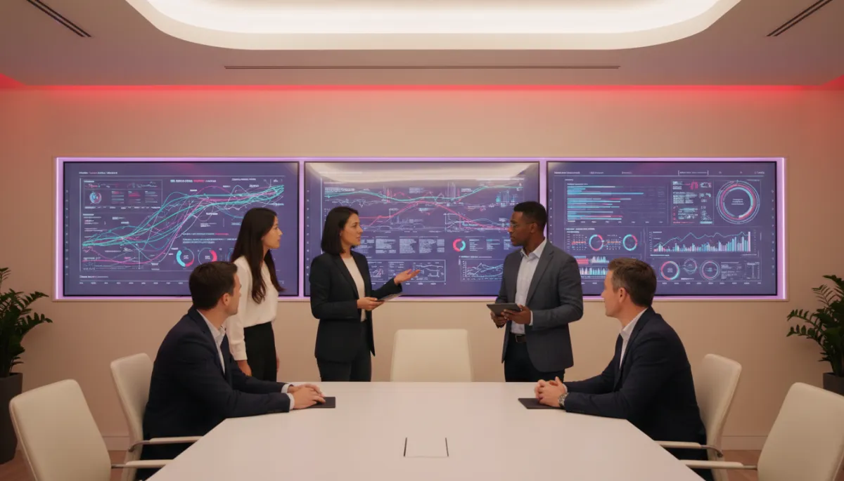 modern, professional photorealistic scene of a diverse marketing team in a sleek office reviewing AI-driven dashboards on large screens, with warm cream walls, subtle red and purple accent lighting, and clean data visualizations overlayed on glass screens