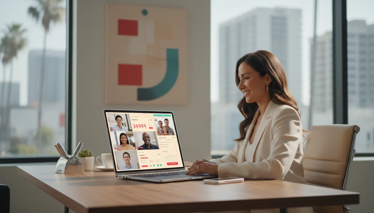 professional photorealistic scene of a mortgage officer in a modern San Diego office reviewing an AI-powered dashboard on a laptop, warm cream #FFFBF9 background accents, subtle red #ee2a52 and cyan #3cc2db UI highlights, diverse clients visible on screen in video call tiles