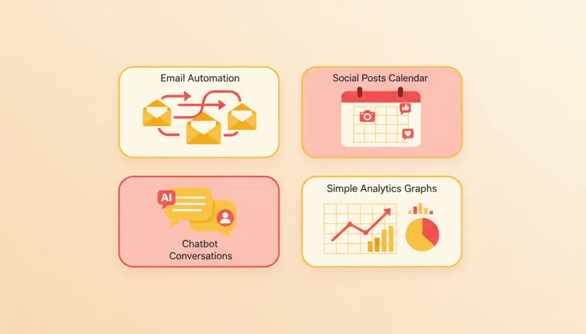 instructional flat-style dashboard on warm cream background showing AI marketing tools for small business, with panels for email automation, social posts calendar, chatbot conversations, and simple analytics graphs, using accent colors red #ee2a52 and yellow #f1b900
