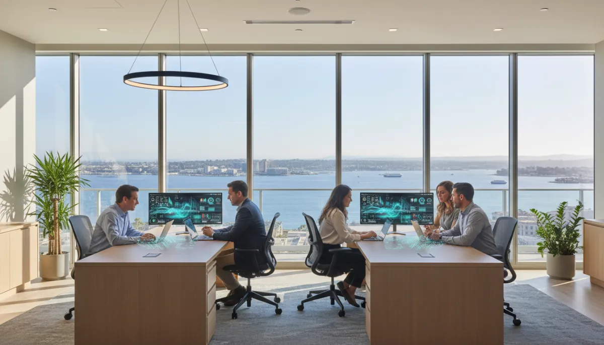 photorealistic wide shot of a modern San Diego mortgage office with floor‑to‑ceiling windows overlooking the bay, diverse loan officers collaborating around laptops showing AI dashboards and data visualizations, neutral color palette and natural light