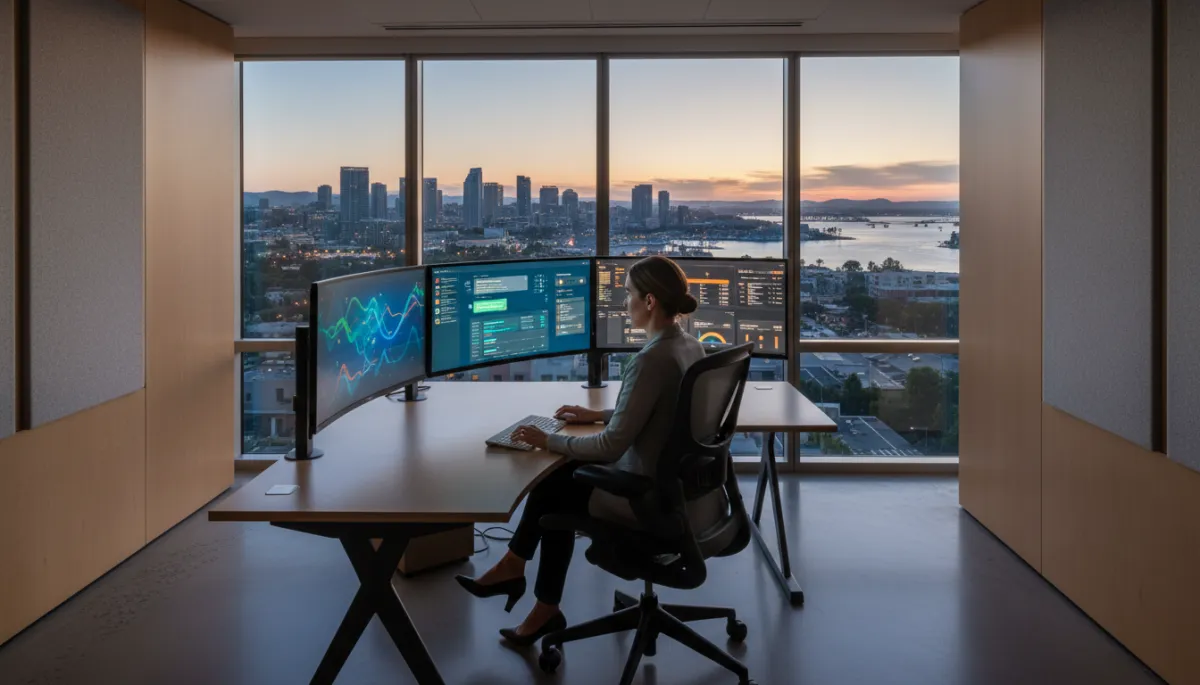 photorealistic wide shot of a San Diego mortgage loan officer in a modern neutral-toned office at dusk, looking at multiple monitors displaying AI dashboards, chat conversations, and lead scores, with large windows showing the San Diego skyline and harbor