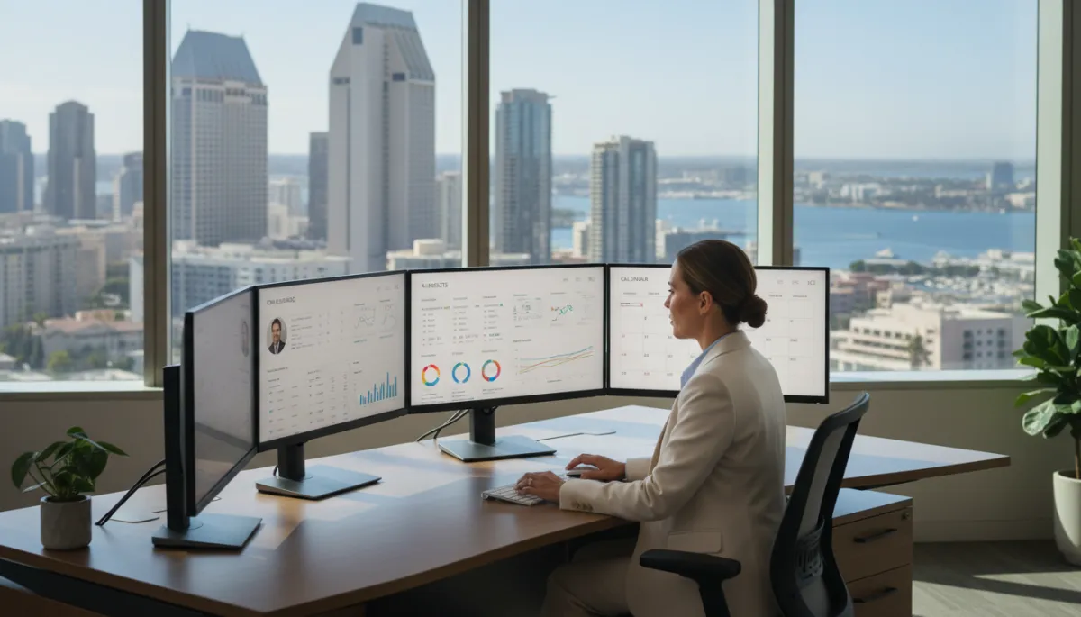 photorealistic scene of a professional San Diego loan officer in a modern neutral-toned office with large windows overlooking the downtown skyline and bay, multiple monitors showing CRM dashboards, AI insights, and calendar, calm daylight ambience