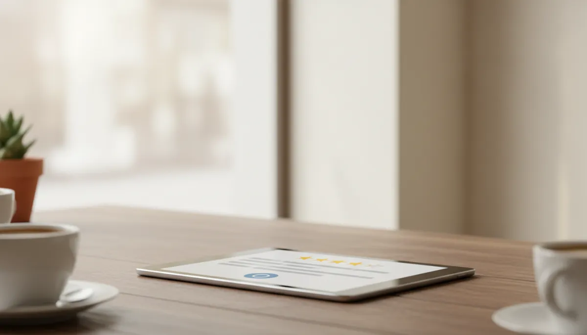 Tablet showing a local business listing with star ratings and customer comments