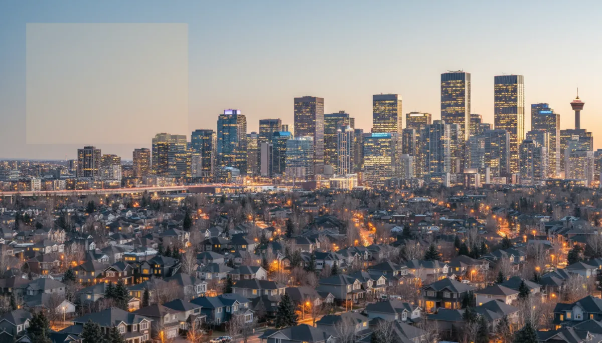 photorealistic wide-angle view of Calgary skyline at dusk with residential neighborhoods in foreground and downtown office towers in background, neutral color palette with soft blue and beige tones, subtle text overlay area in sky