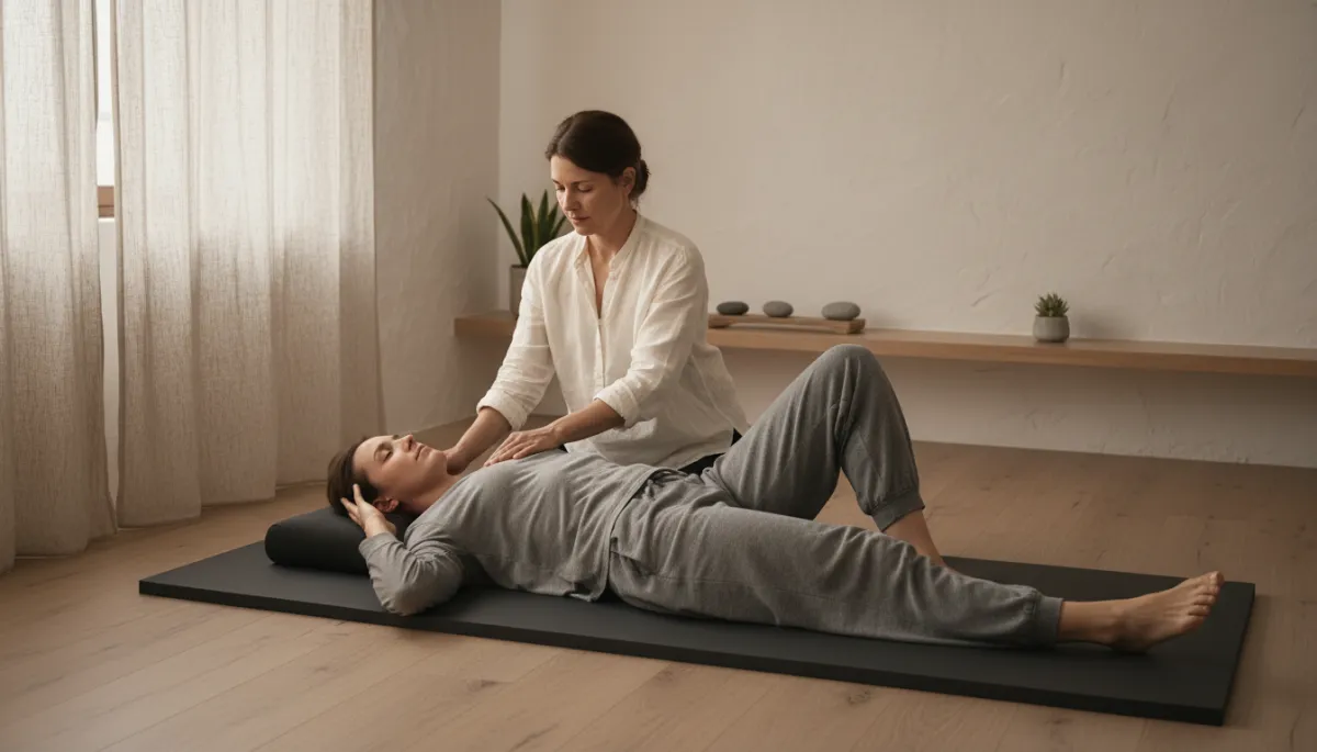 Individual receiving a gentle one-to-one Feldenkrais session in a neutral-toned room