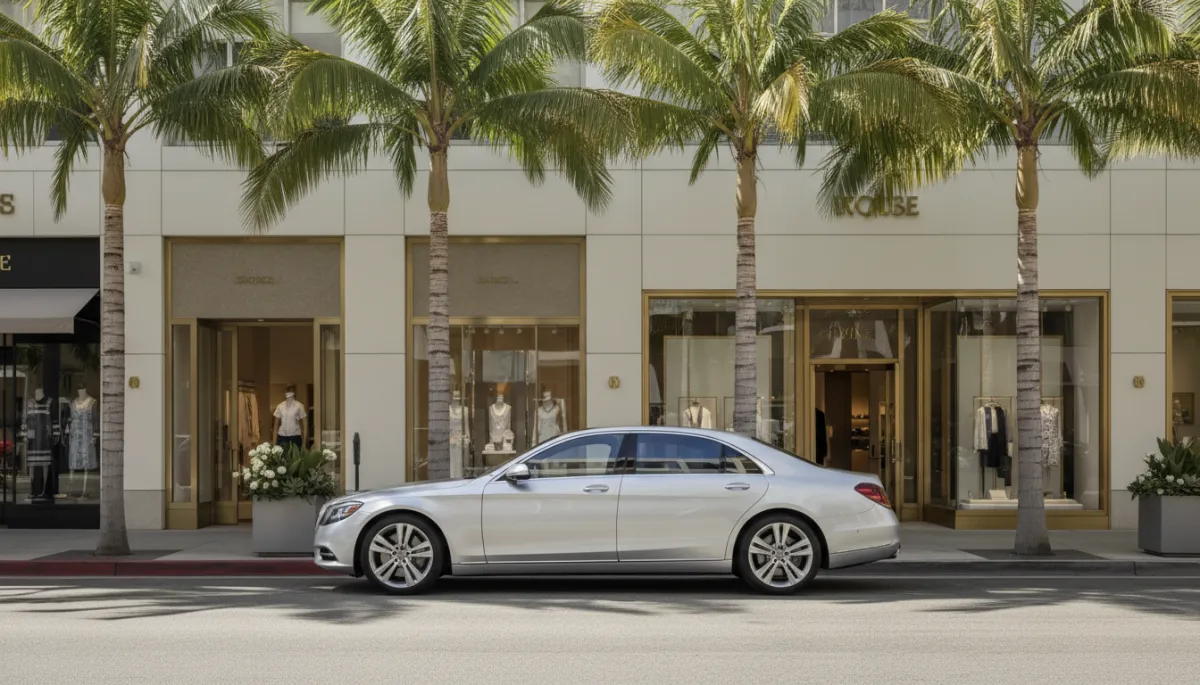 Luxury sedan parked along a palm-lined street in Beverly Hills