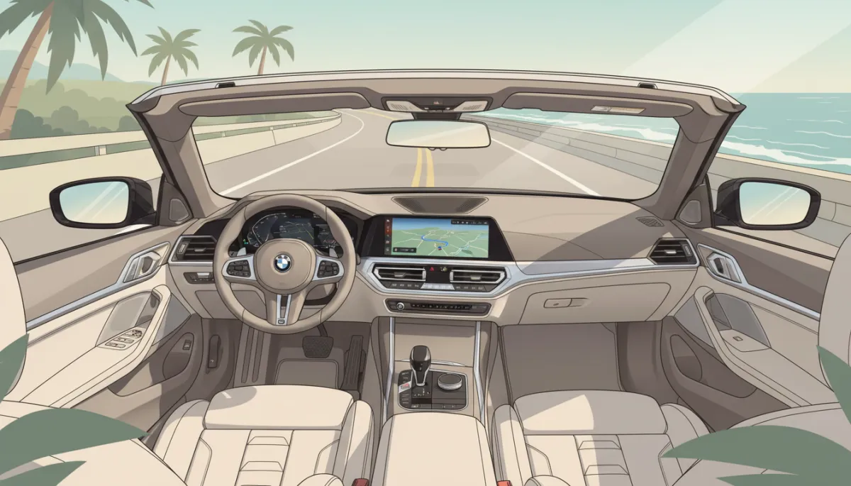 Interior of 2025 BMW 4 Series Convertible with navigation active along the coast