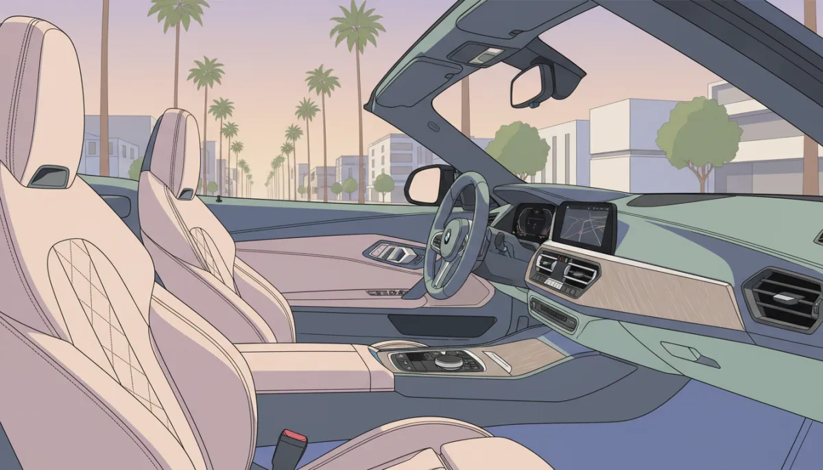 Interior of a 2021 BMW Z4 Roadster with premium leather and palm-lined Beverly Hills street outside Interior of a 2021 BMW Z4 Roadster with premium leather and palm-lined Beverly Hills street outside