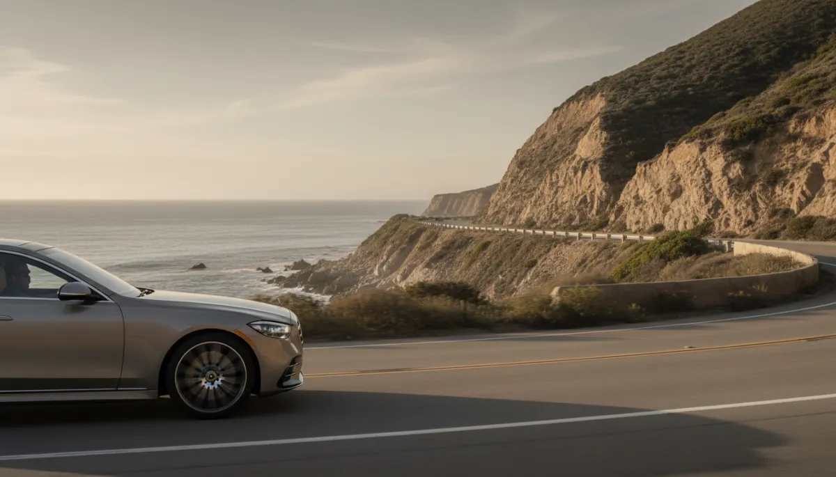 Mercedes-Benz S580 luxury sedan driving along the Southern California coastline Mercedes-Benz S580 luxury sedan driving along the Southern California coastline